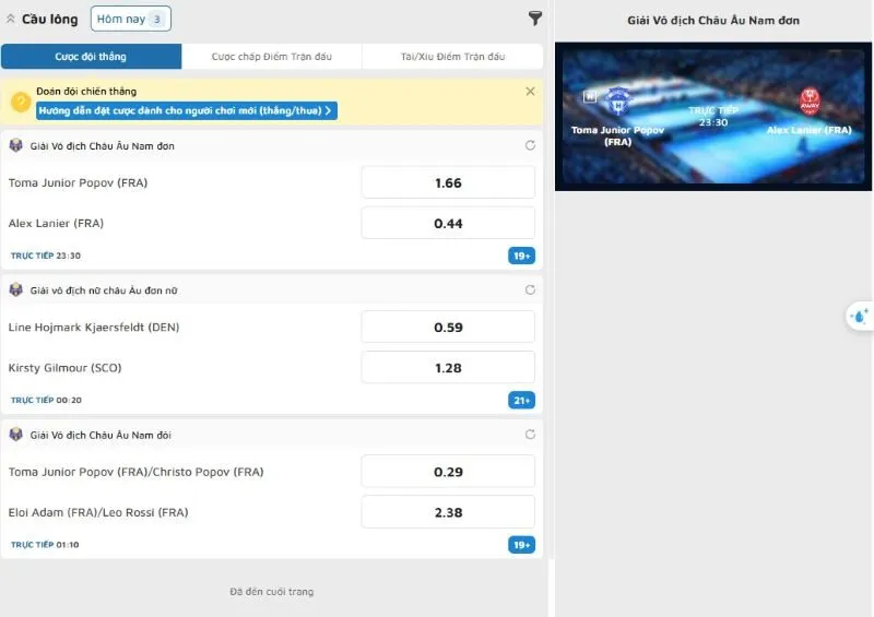Cách thức tính điểm trong môn Cầu lông 99OK